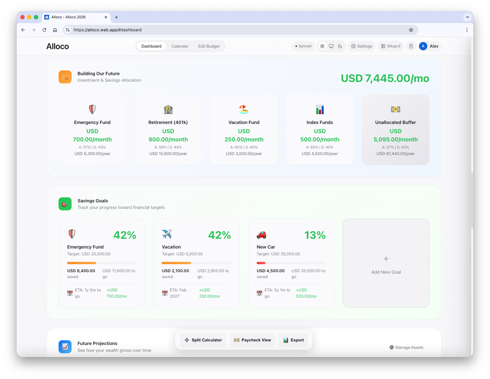 Savings goals and allocation targets