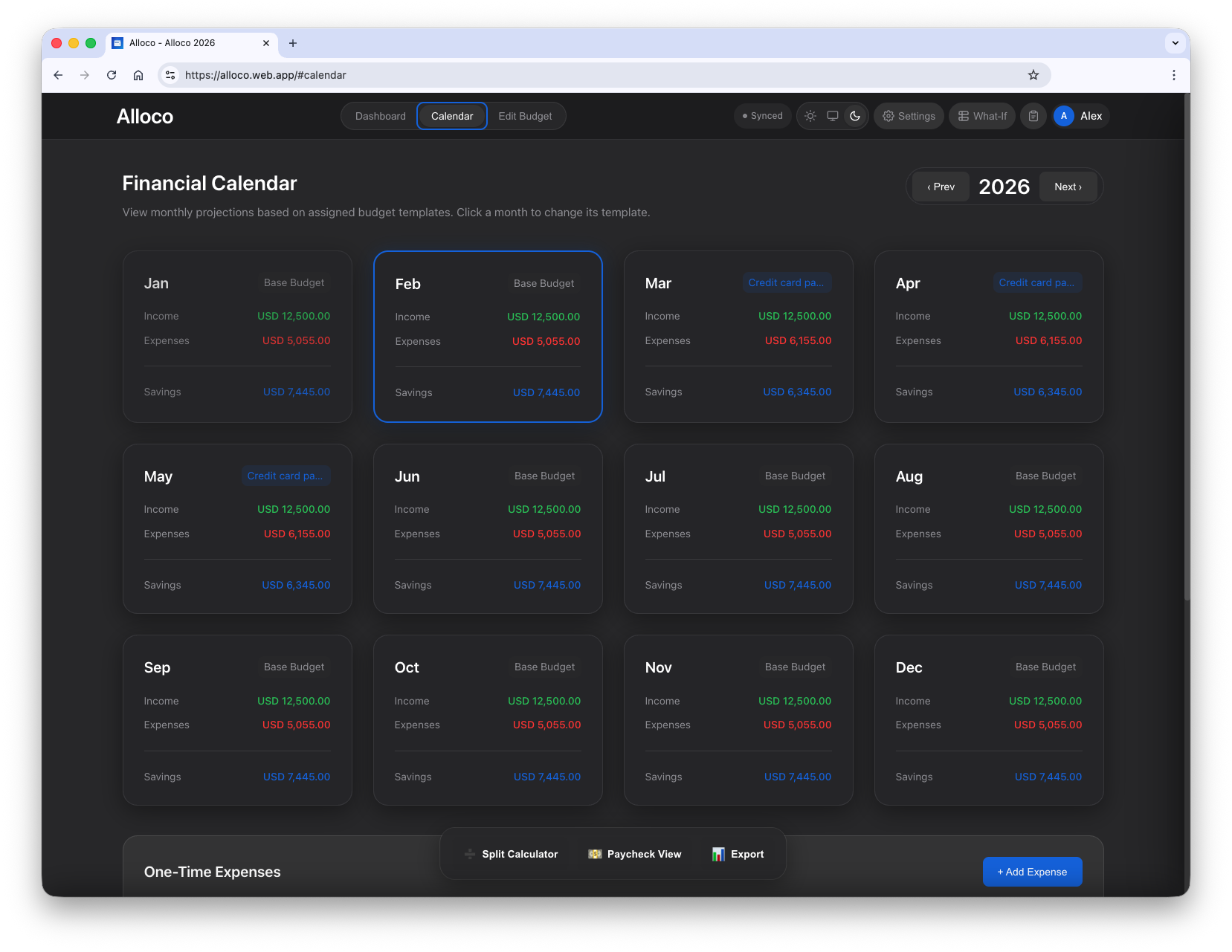 Financial calendar with monthly projections