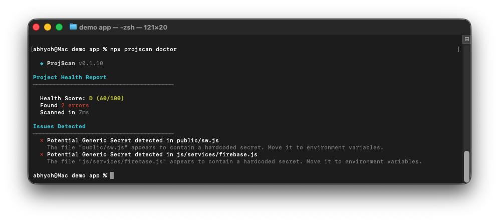 ProjScan doctor output showing health score and recommendations